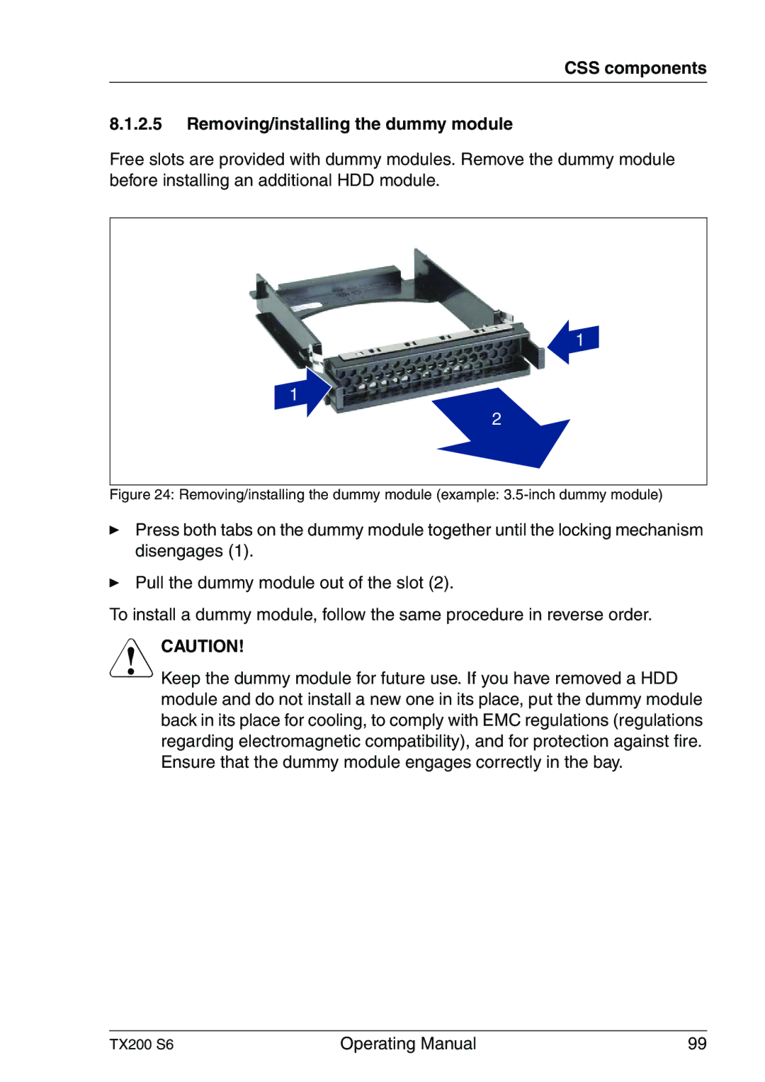 Fujitsu TX200 S6 manual CSS components Removing/installing the dummy module 