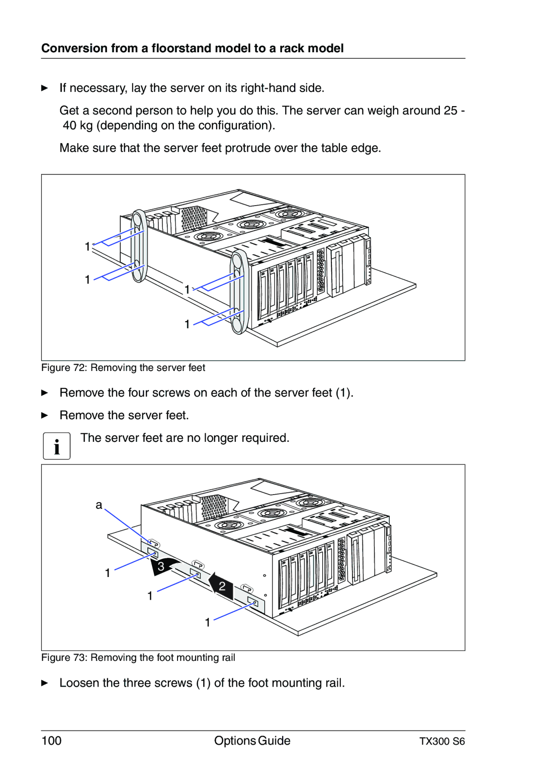 Fujitsu TX300 manual Removing the foot mounting rail 