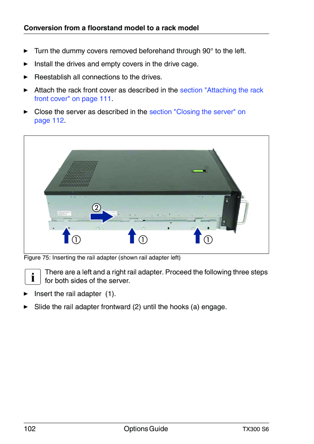 Fujitsu TX300 manual Inserting the rail adapter shown rail adapter left 