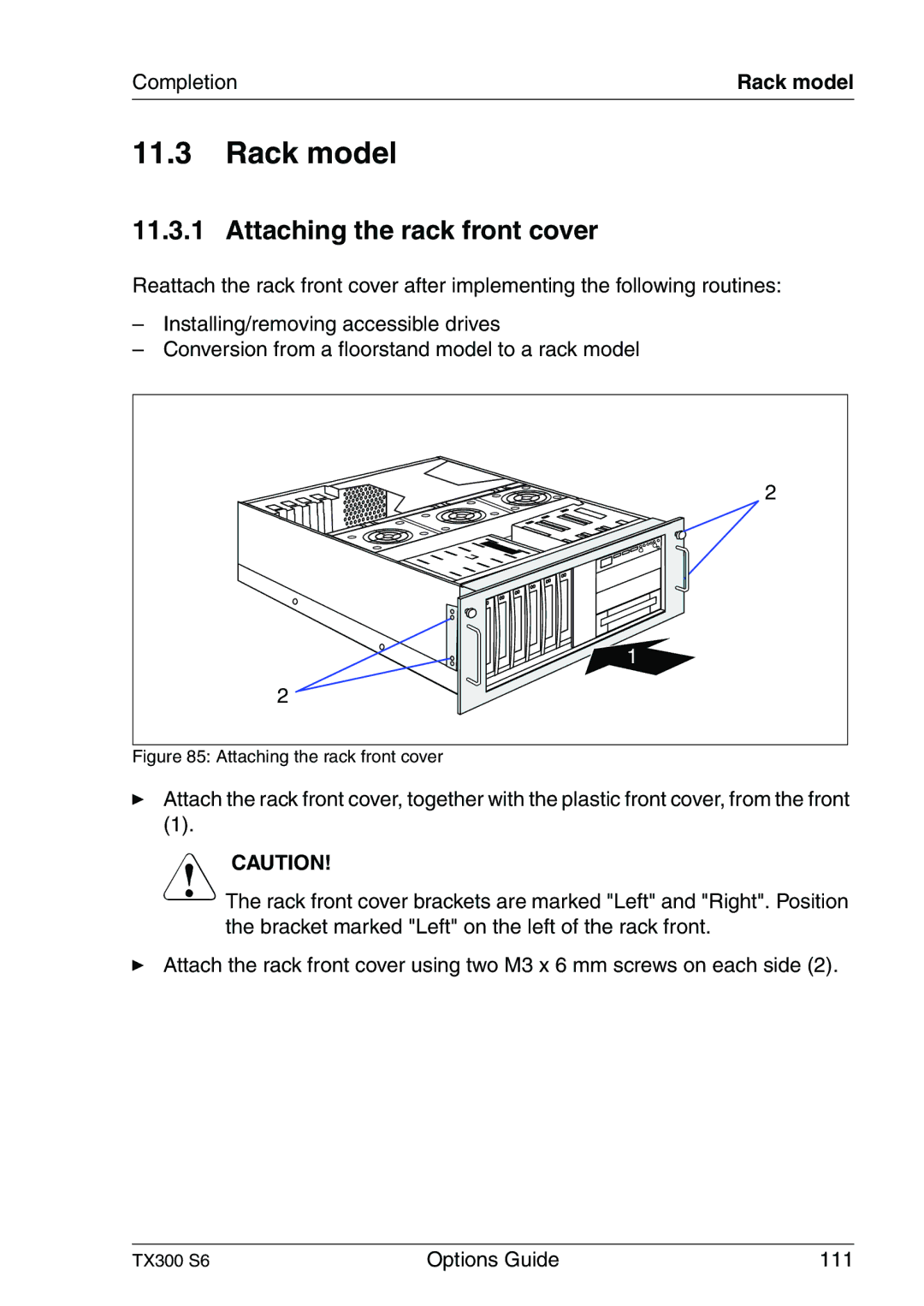 Fujitsu TX300 manual Attaching the rack front cover 