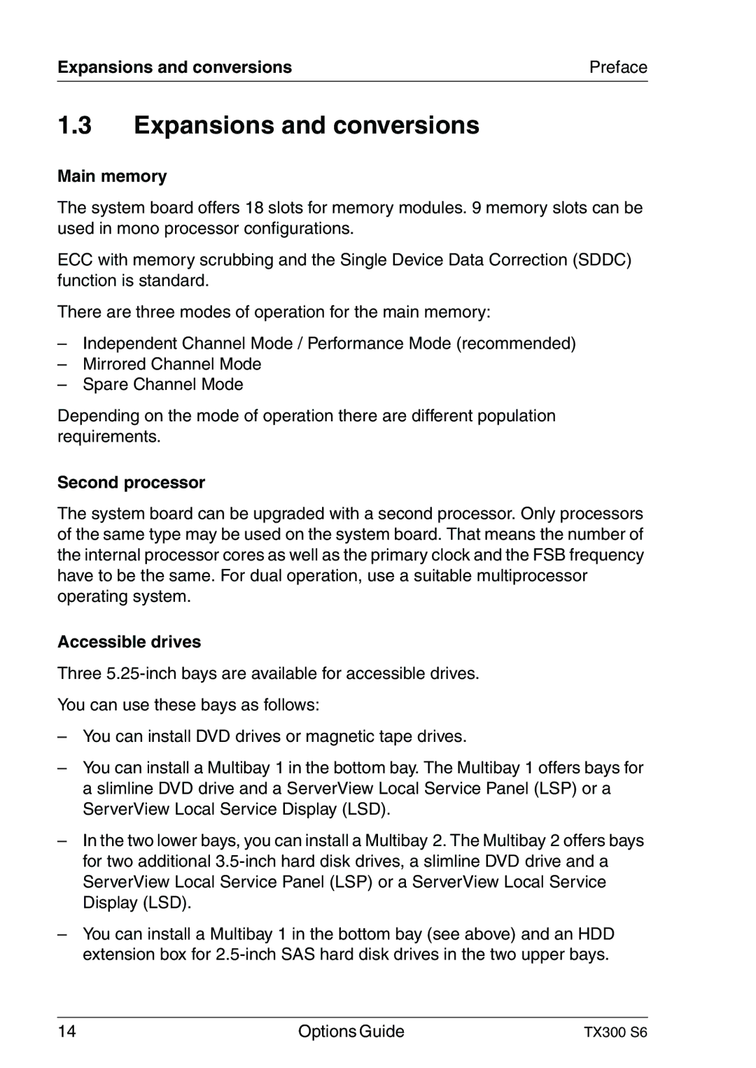 Fujitsu TX300 manual Expansions and conversions Preface, Main memory, Second processor, Accessible drives 