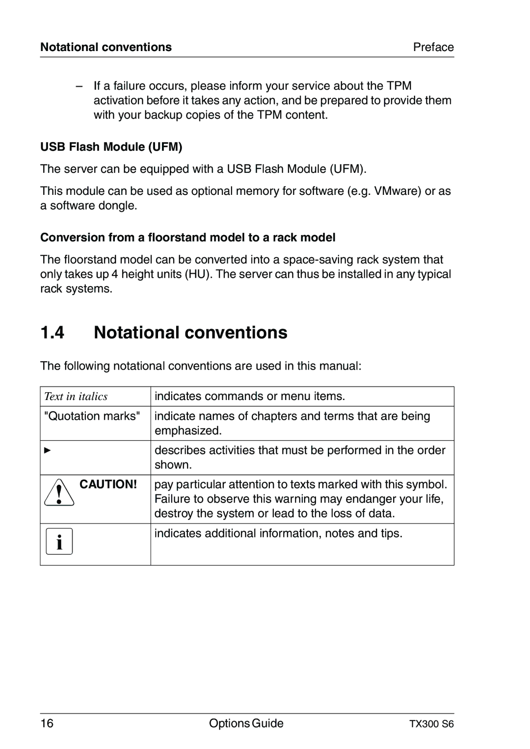 Fujitsu TX300 Notational conventions Preface, USB Flash Module UFM, Conversion from a floorstand model to a rack model 