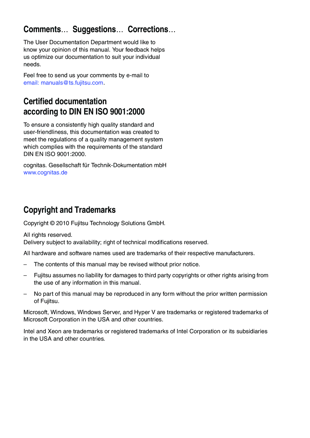 Fujitsu TX300 manual Comments… Suggestions… Corrections…, Copyright and Trademarks 