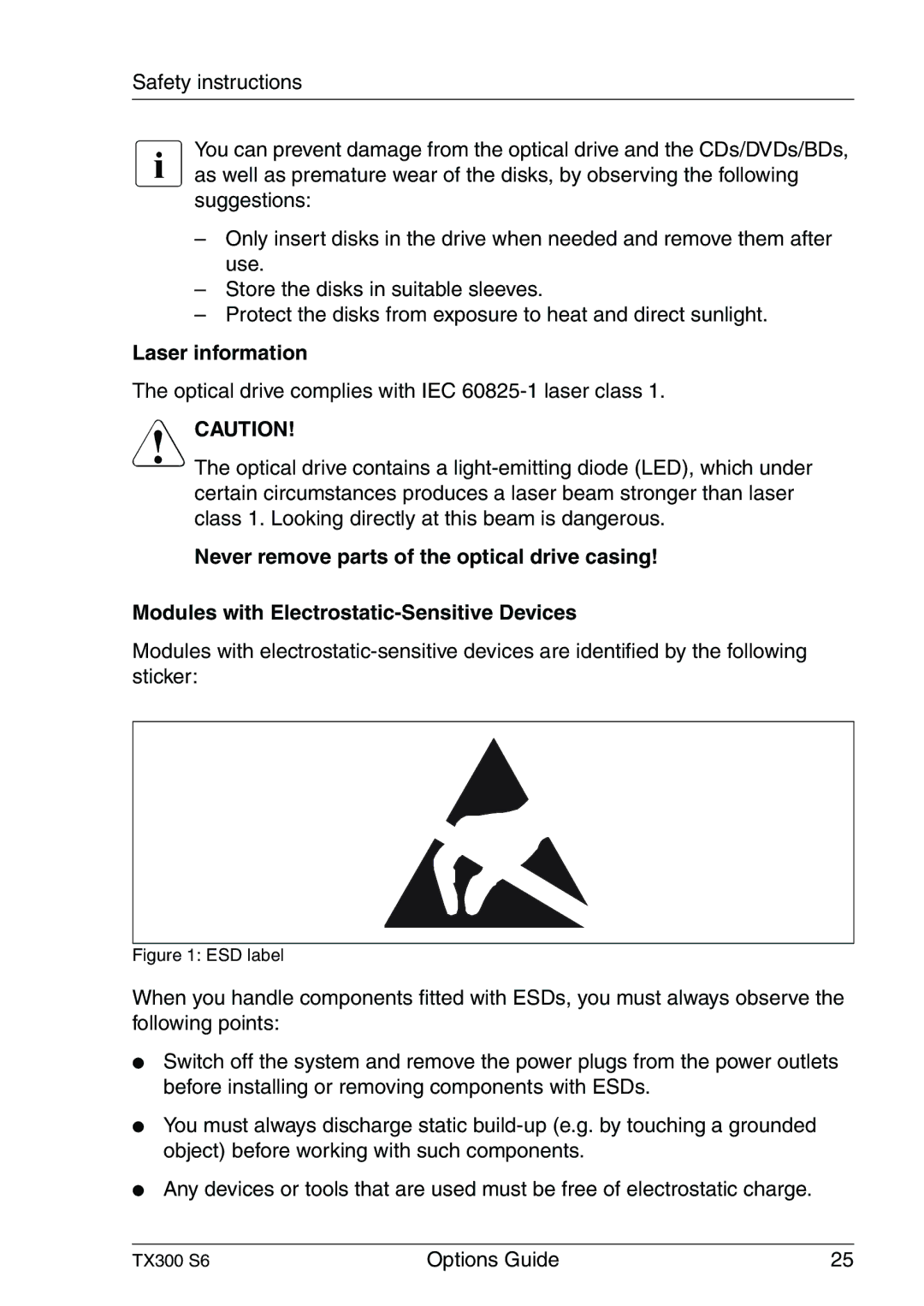 Fujitsu TX300 manual Laser information, ESD label 