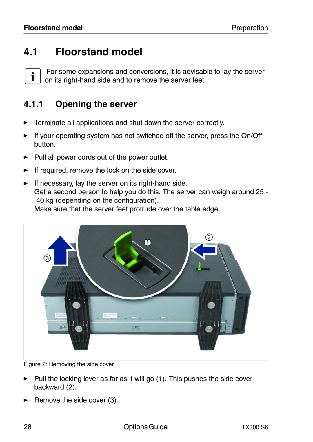 Fujitsu TX300 manual Opening the server, Floorstand model Preparation 