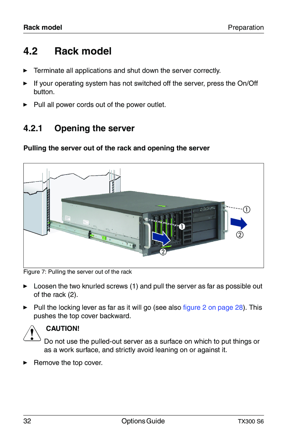 Fujitsu TX300 manual Rack model Preparation, Pulling the server out of the rack and opening the server 