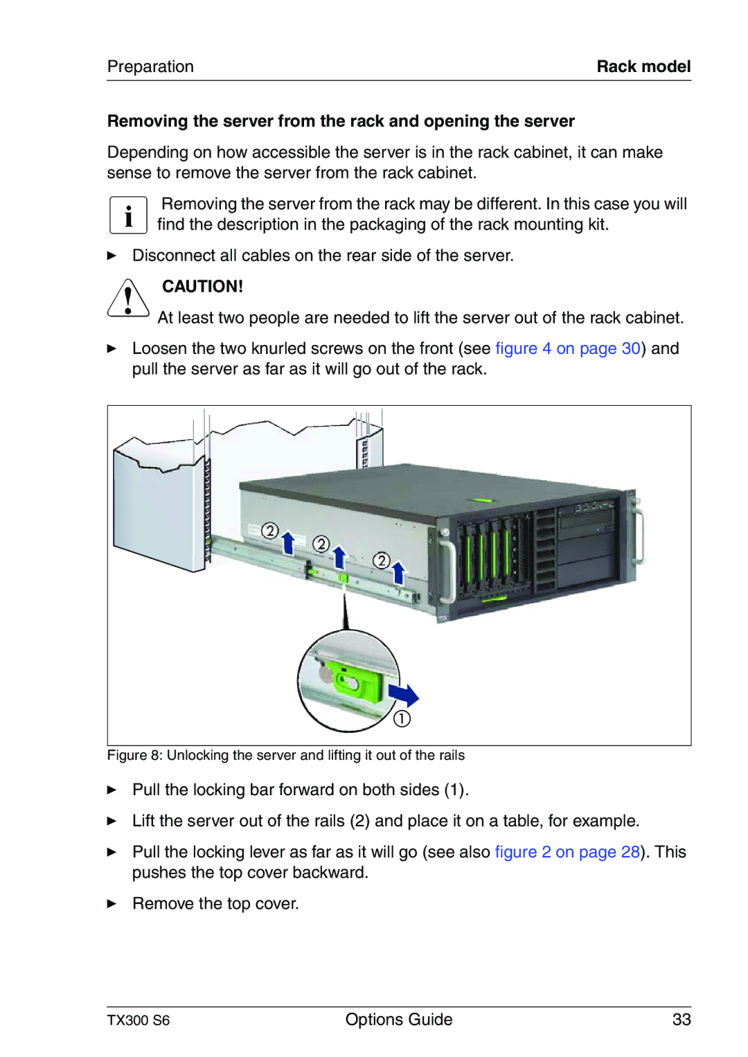 Fujitsu TX300 manual Removing the server from the rack and opening the server 