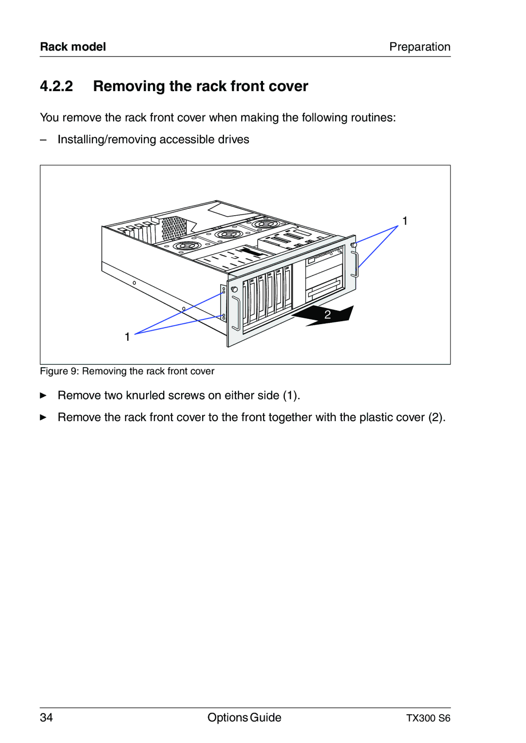 Fujitsu TX300 manual Removing the rack front cover 