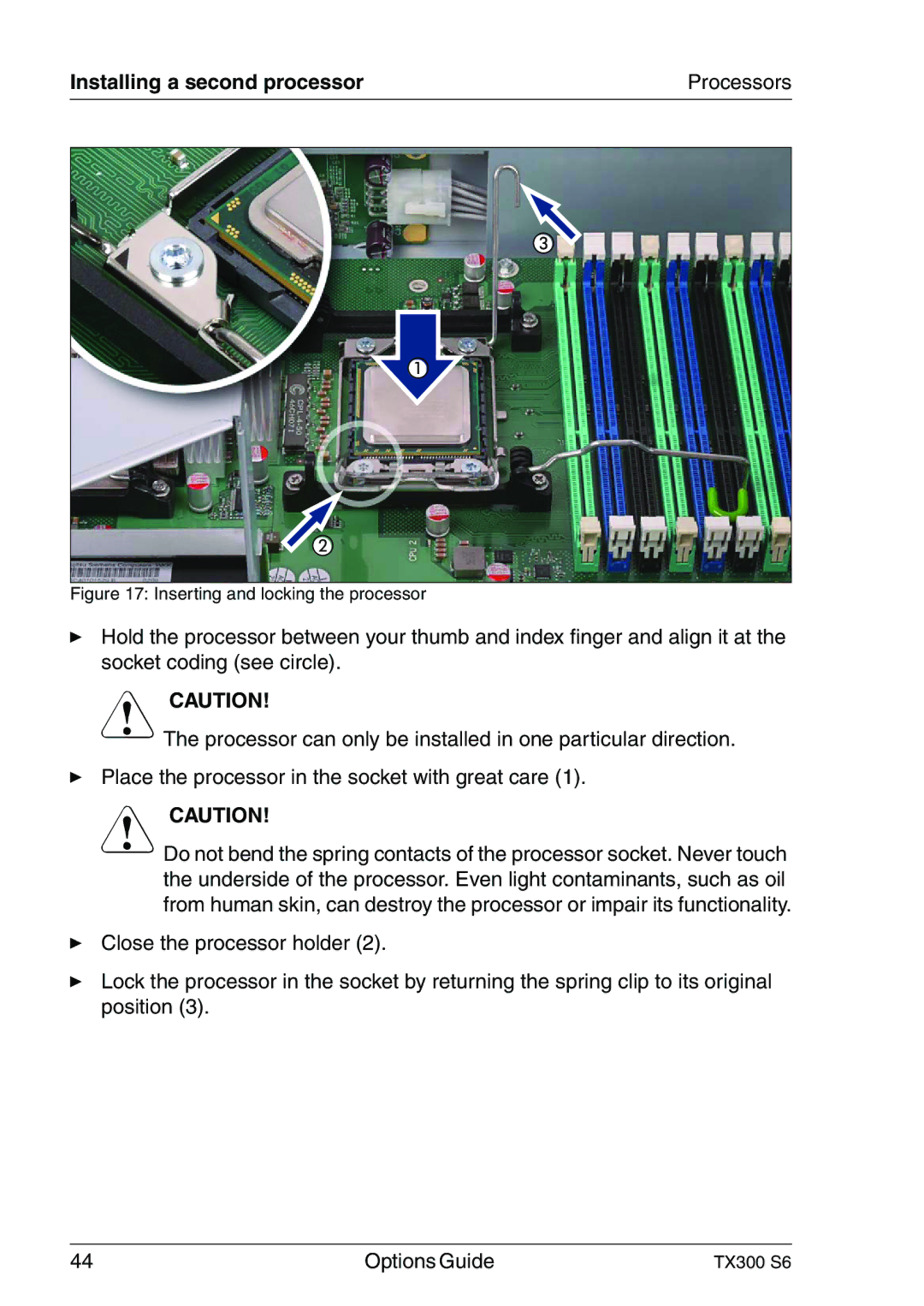 Fujitsu TX300 manual Inserting and locking the processor 