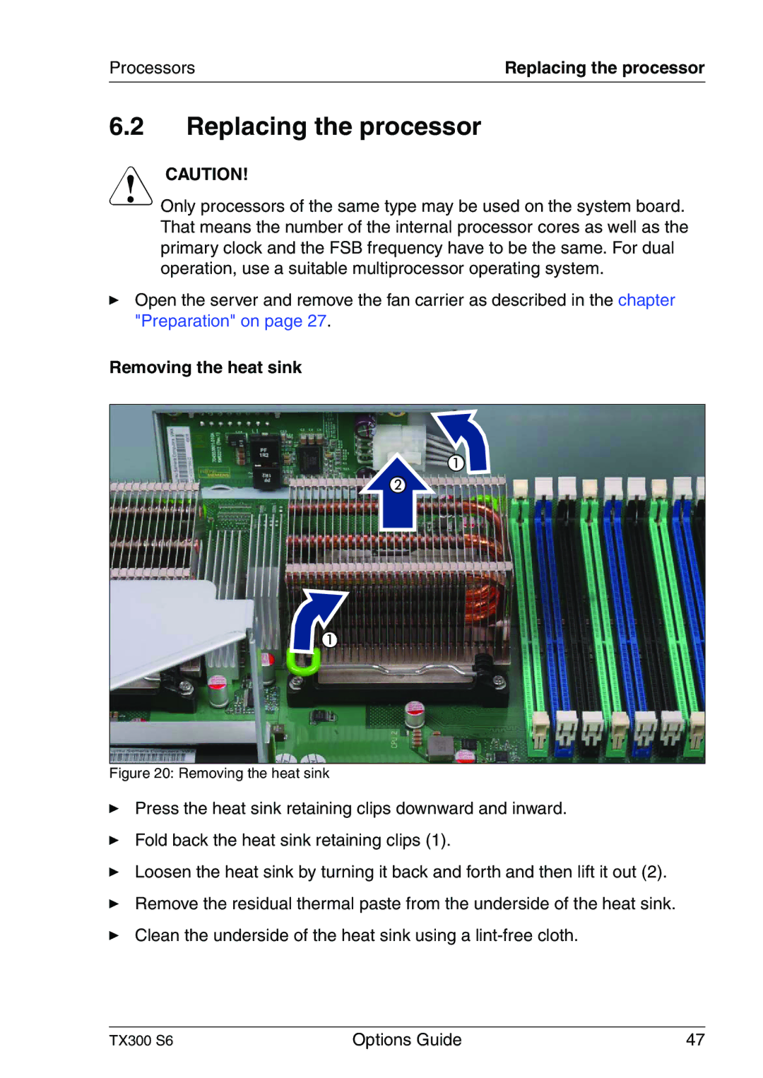 Fujitsu TX300 manual Replacing the processor, Removing the heat sink 