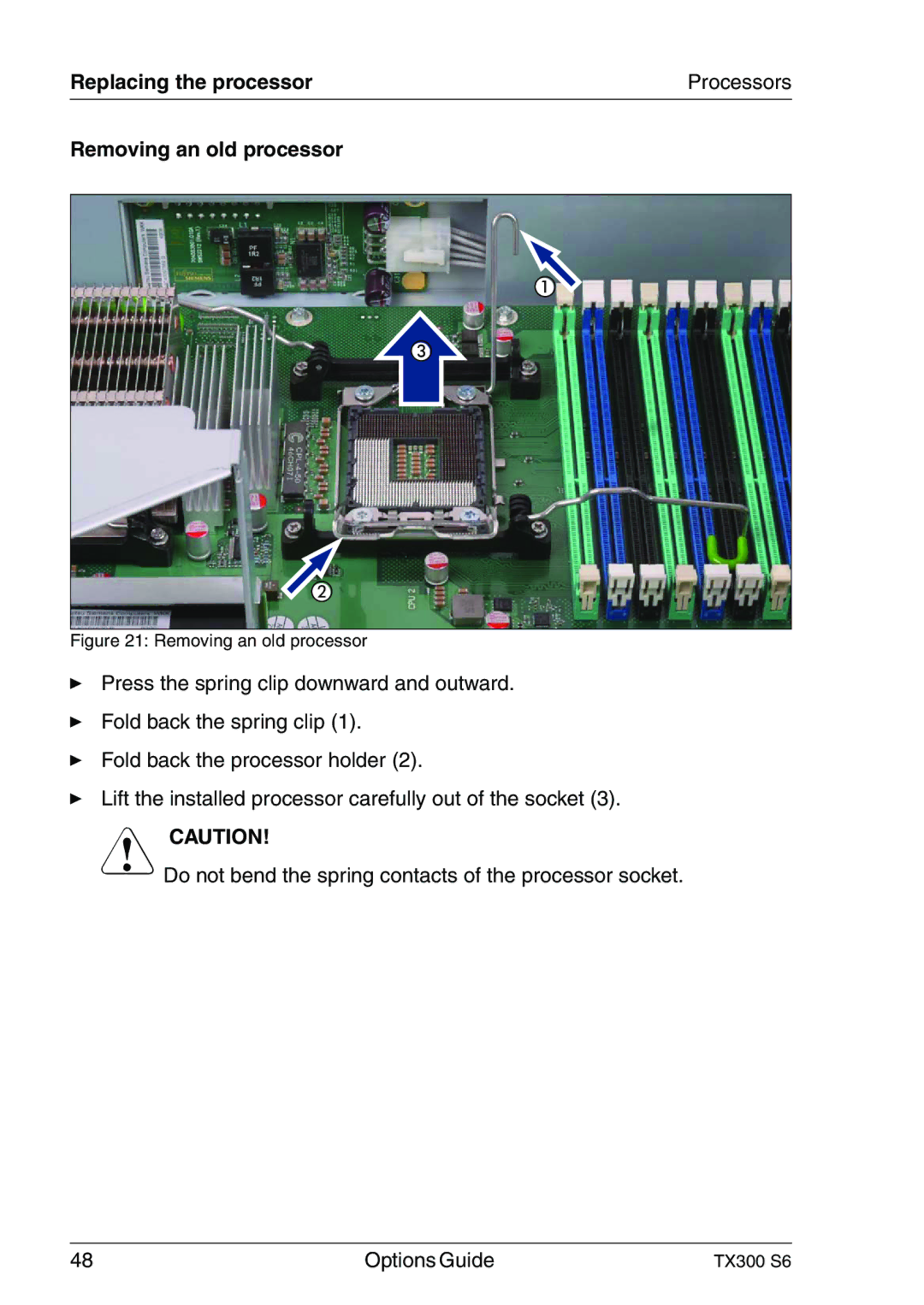 Fujitsu TX300 manual Replacing the processor, Removing an old processor 