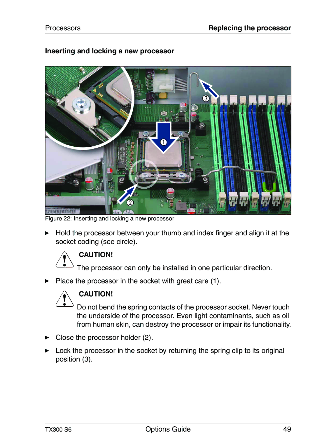 Fujitsu TX300 manual Inserting and locking a new processor 