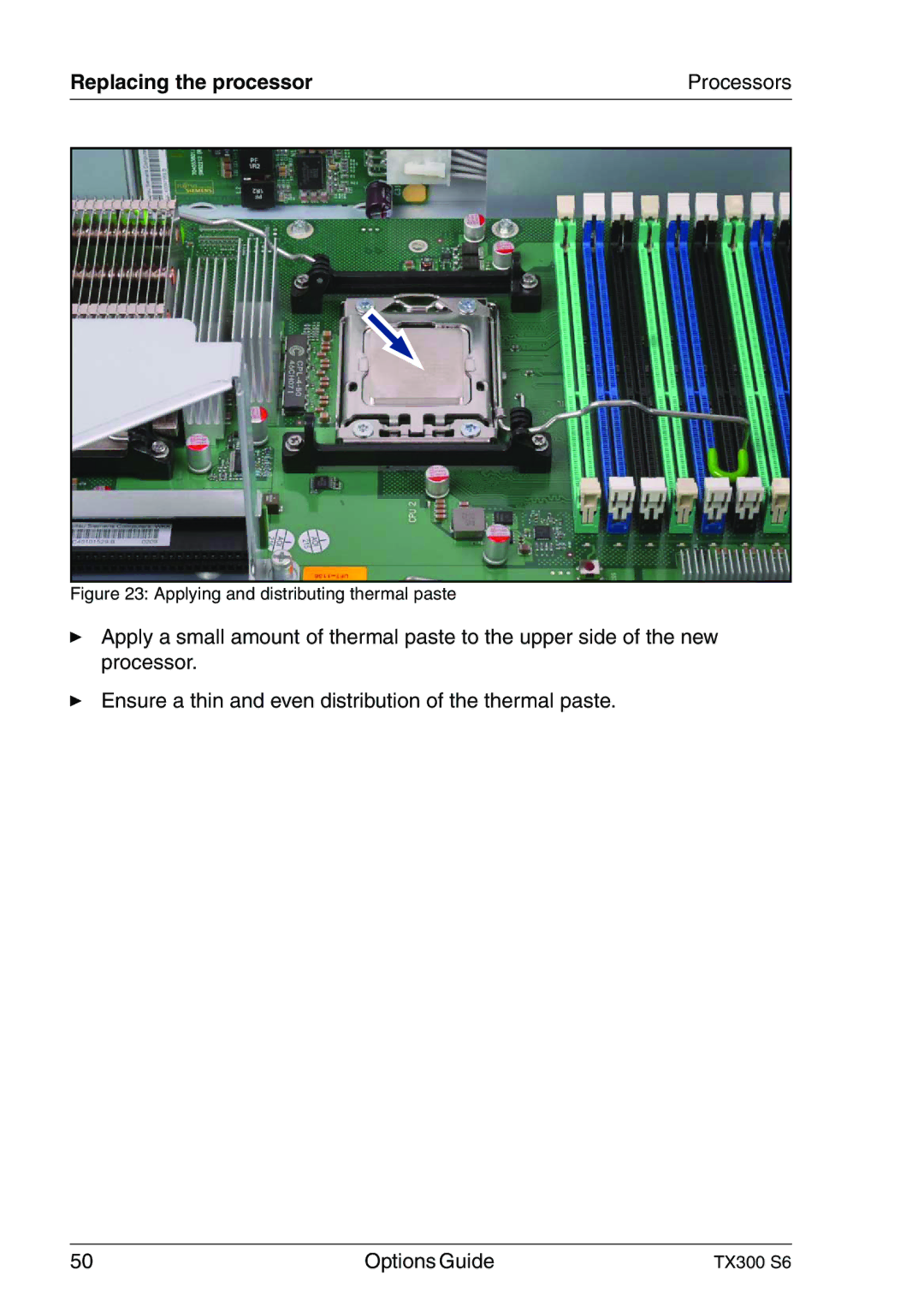 Fujitsu TX300 manual Applying and distributing thermal paste 