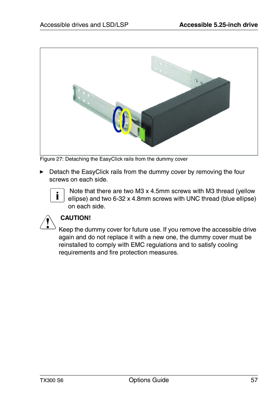 Fujitsu TX300 manual Accessible drives and LSD/LSP, Detaching the EasyClick rails from the dummy cover 