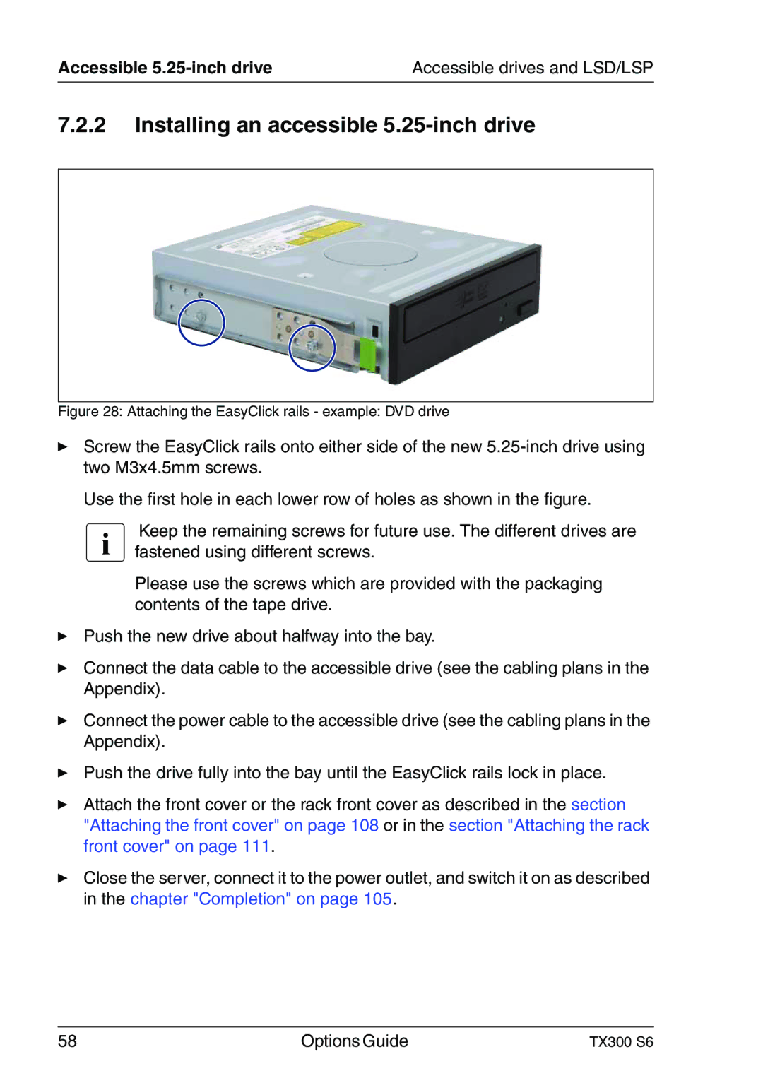 Fujitsu TX300 manual Installing an accessible 5.25-inch drive, Attaching the EasyClick rails example DVD drive 