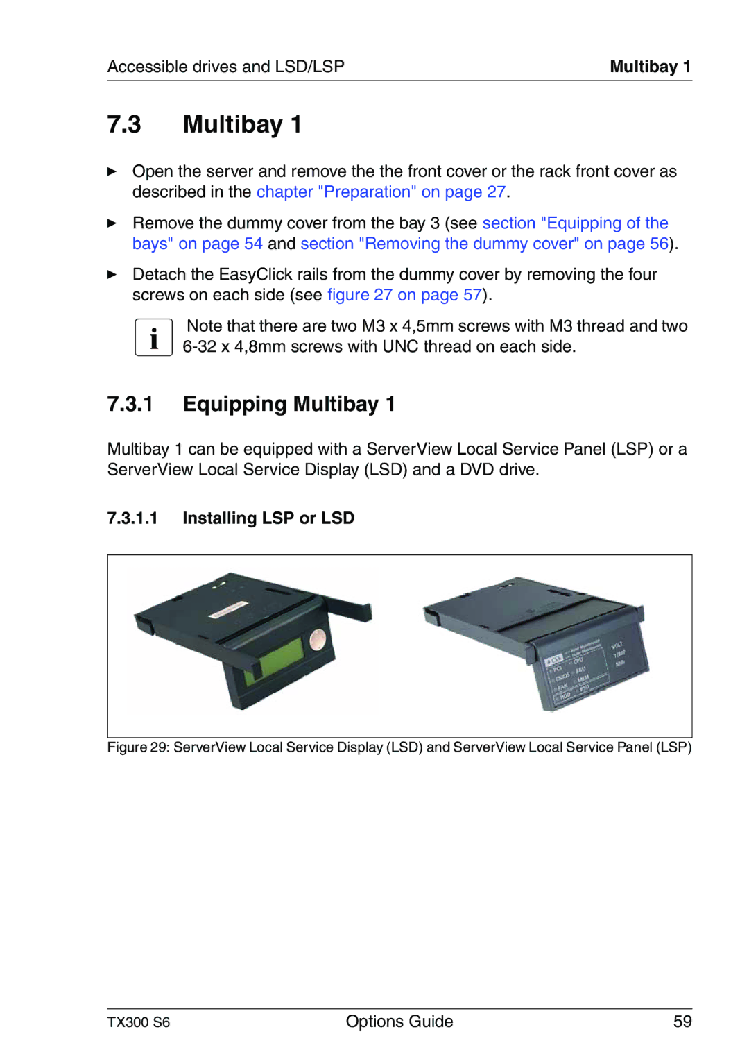 Fujitsu TX300 manual Equipping Multibay, Installing LSP or LSD 