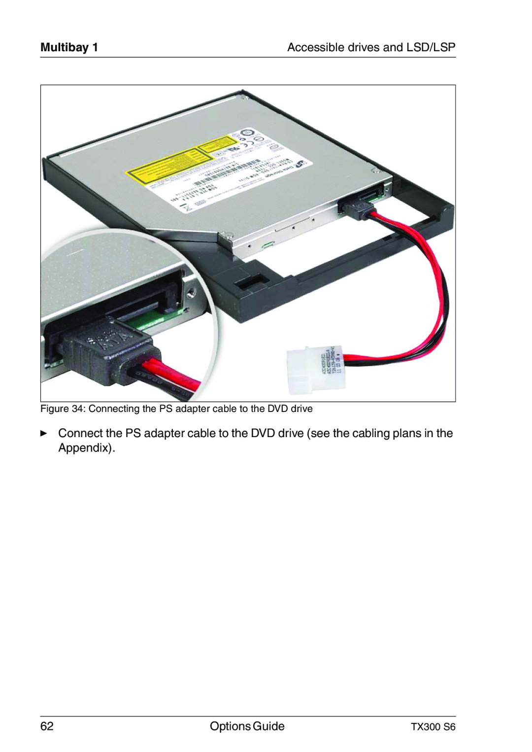 Fujitsu TX300 manual Connecting the PS adapter cable to the DVD drive 