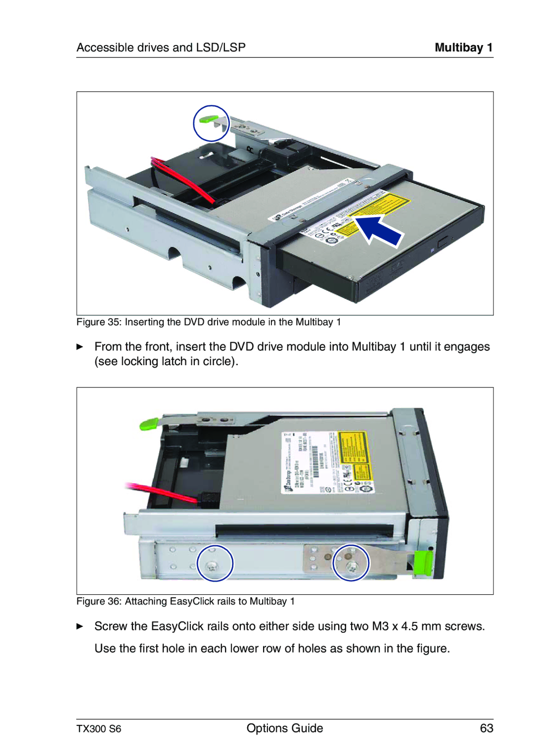 Fujitsu TX300 manual Inserting the DVD drive module in the Multibay 