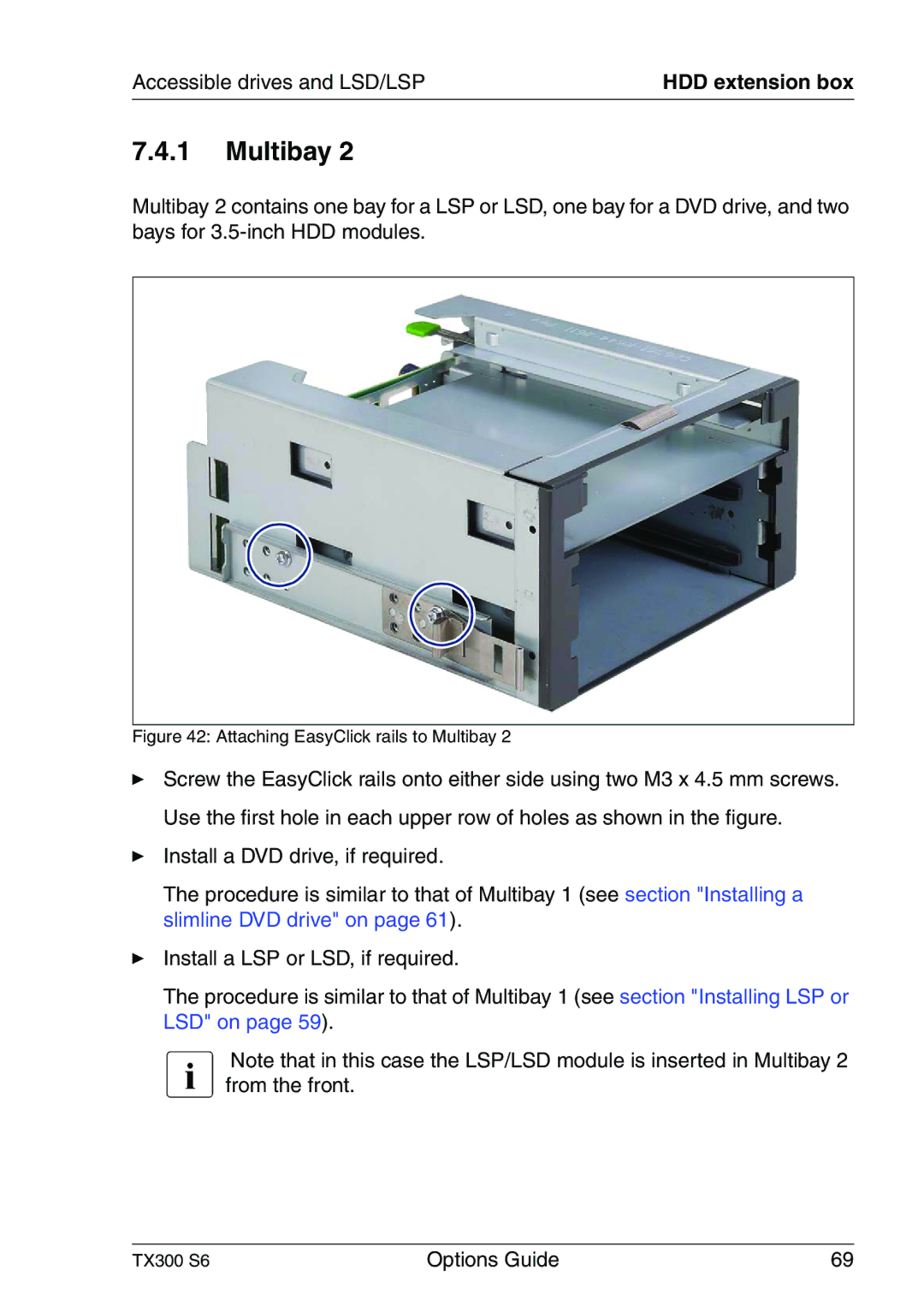 Fujitsu TX300 manual Attaching EasyClick rails to Multibay 