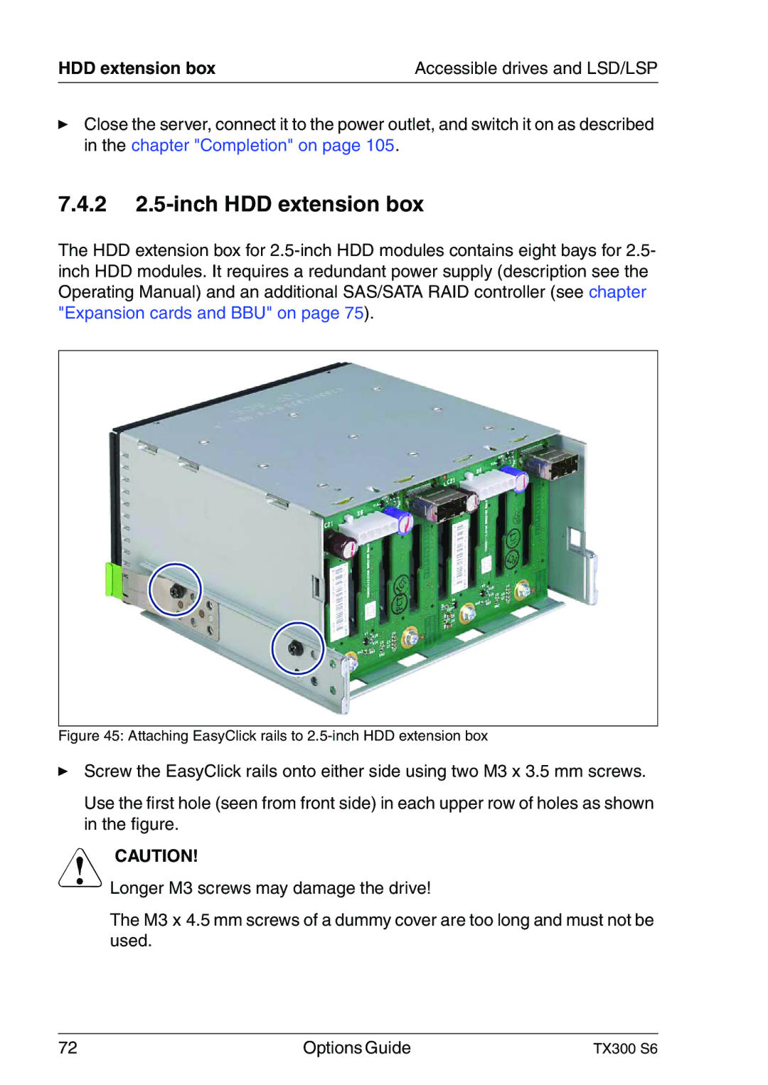 Fujitsu TX300 manual 2 2.5-inch HDD extension box, Attaching EasyClick rails to 2.5-inch HDD extension box 