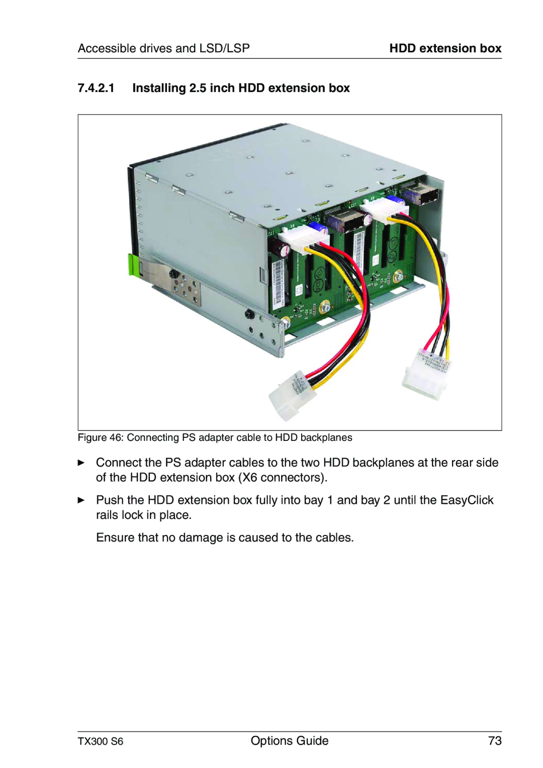 Fujitsu TX300 manual Installing 2.5 inch HDD extension box, Connecting PS adapter cable to HDD backplanes 