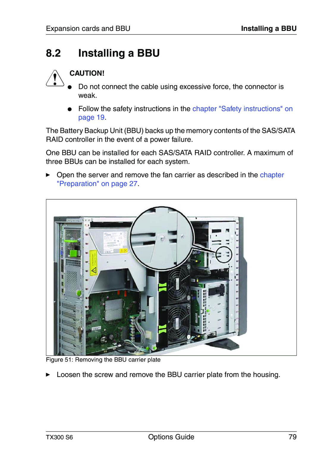 Fujitsu TX300 manual Installing a BBU, Removing the BBU carrier plate 