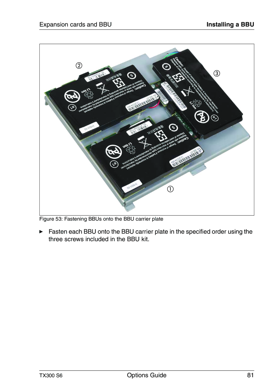 Fujitsu TX300 manual Fastening BBUs onto the BBU carrier plate 