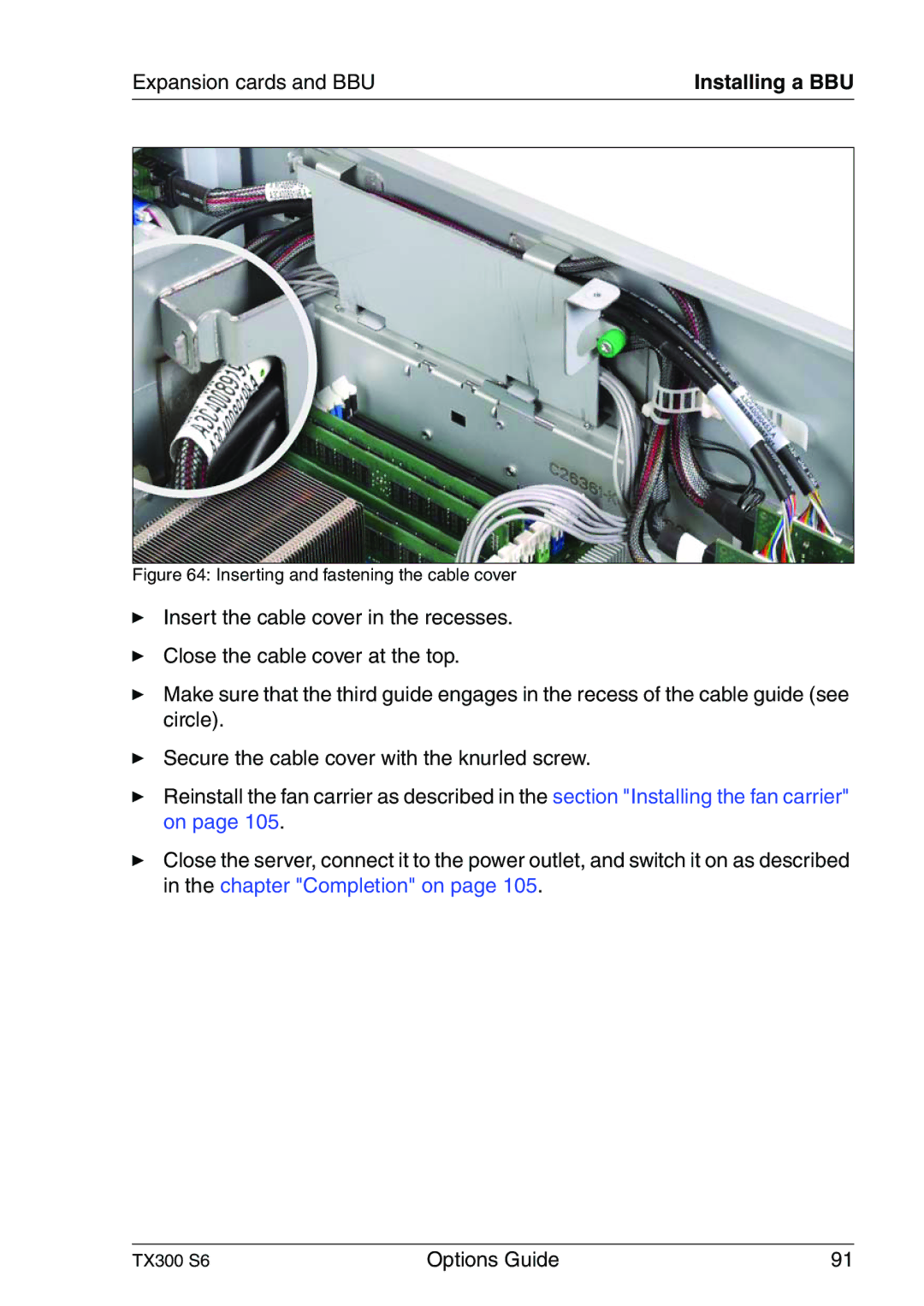 Fujitsu TX300 manual Inserting and fastening the cable cover 