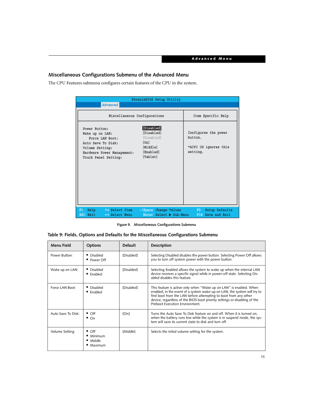 Fujitsu U810 manual Miscellaneous Configurations Submenu of the Advanced Menu, Disabled 