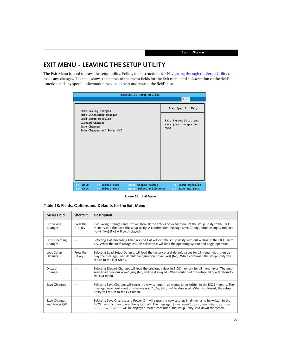 Fujitsu U810 manual Exit Menu Leaving the Setup Utility, Fields, Options and Defaults for the Exit Menu 