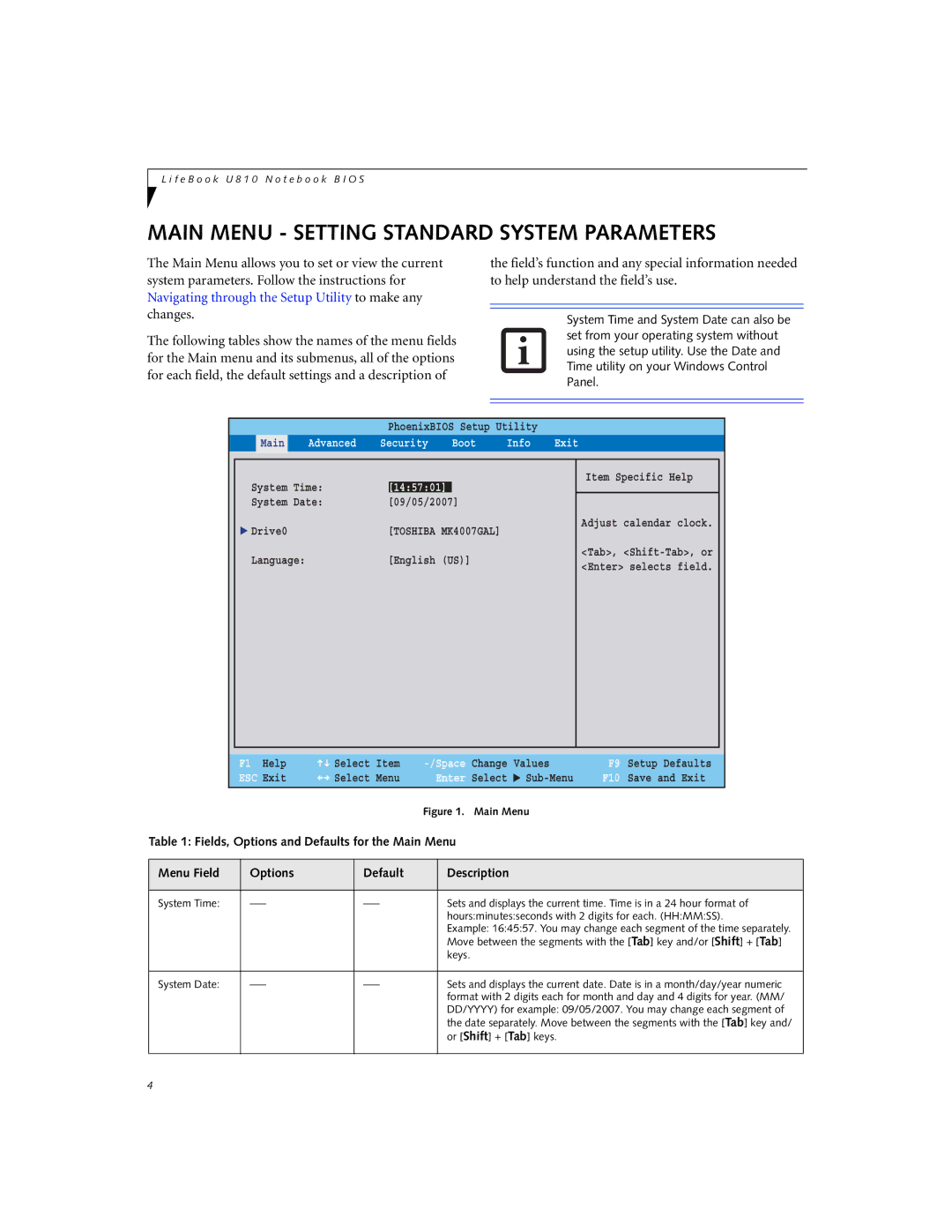 Fujitsu U810 manual Main Menu Setting Standard System Parameters 