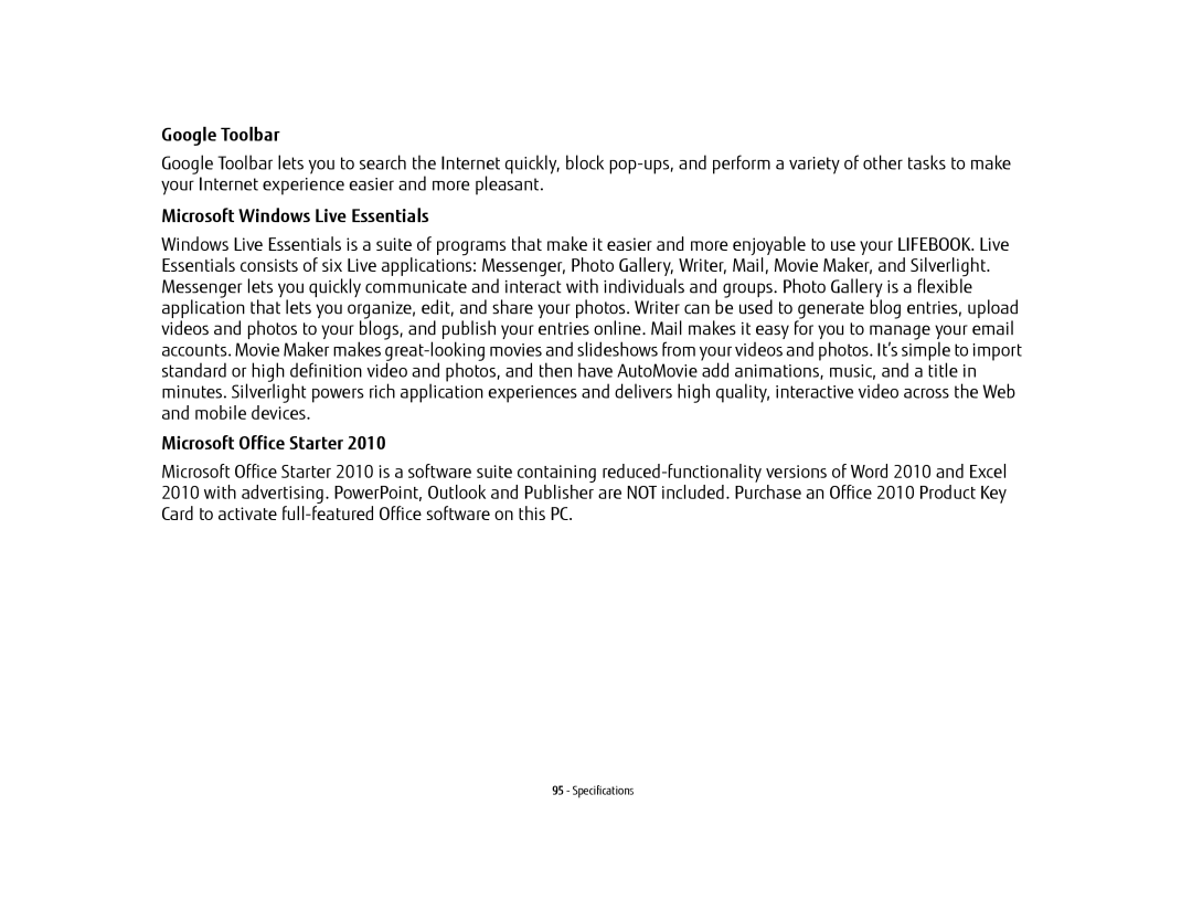 Fujitsu USDLH532 manual Google Toolbar, Microsoft Windows Live Essentials, Microsoft Office Starter 