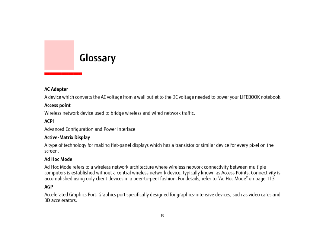 Fujitsu USDLH532 manual Glossary, Access point, Active-Matrix Display, Ad Hoc Mode 