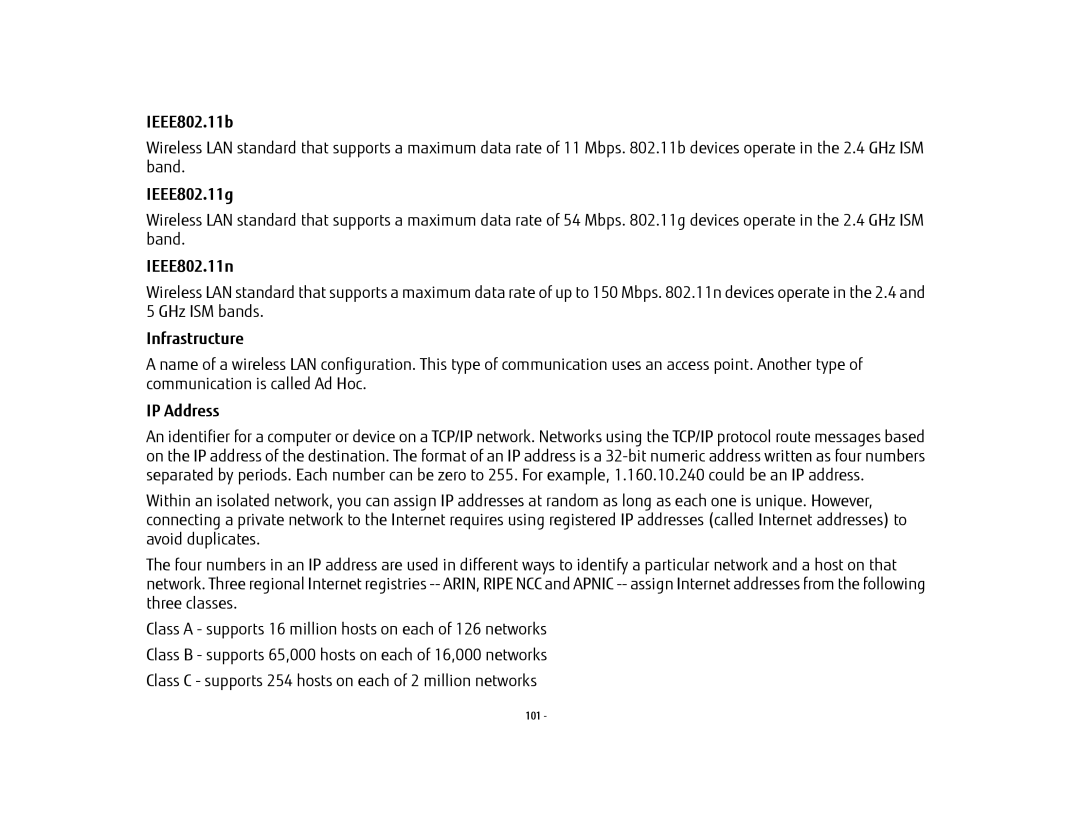 Fujitsu USDLH532 manual IEEE802.11b, IEEE802.11g, IEEE802.11n, Infrastructure, IP Address 