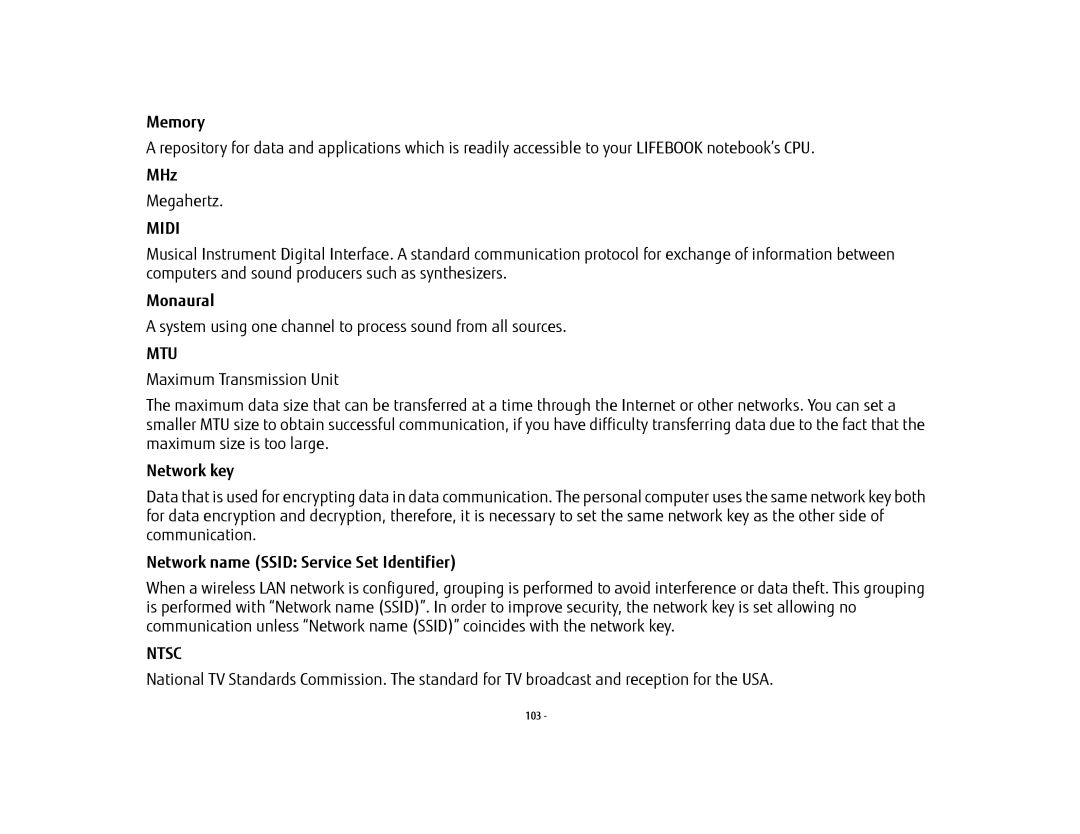 Fujitsu USDLH532 manual Memory, MHz, Monaural, Network key, Network name Ssid Service Set Identifier 