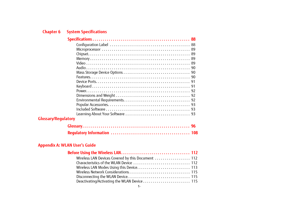 Fujitsu USDLH532 manual System Specifications, Glossary/Regulatory, Appendix a Wlan User’s Guide 