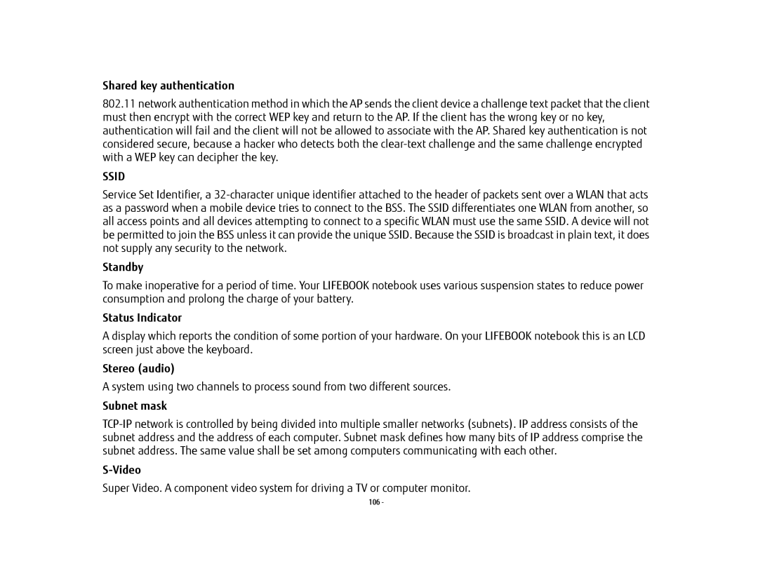 Fujitsu USDLH532 manual Shared key authentication, Standby, Status Indicator, Stereo audio, Subnet mask, Video 