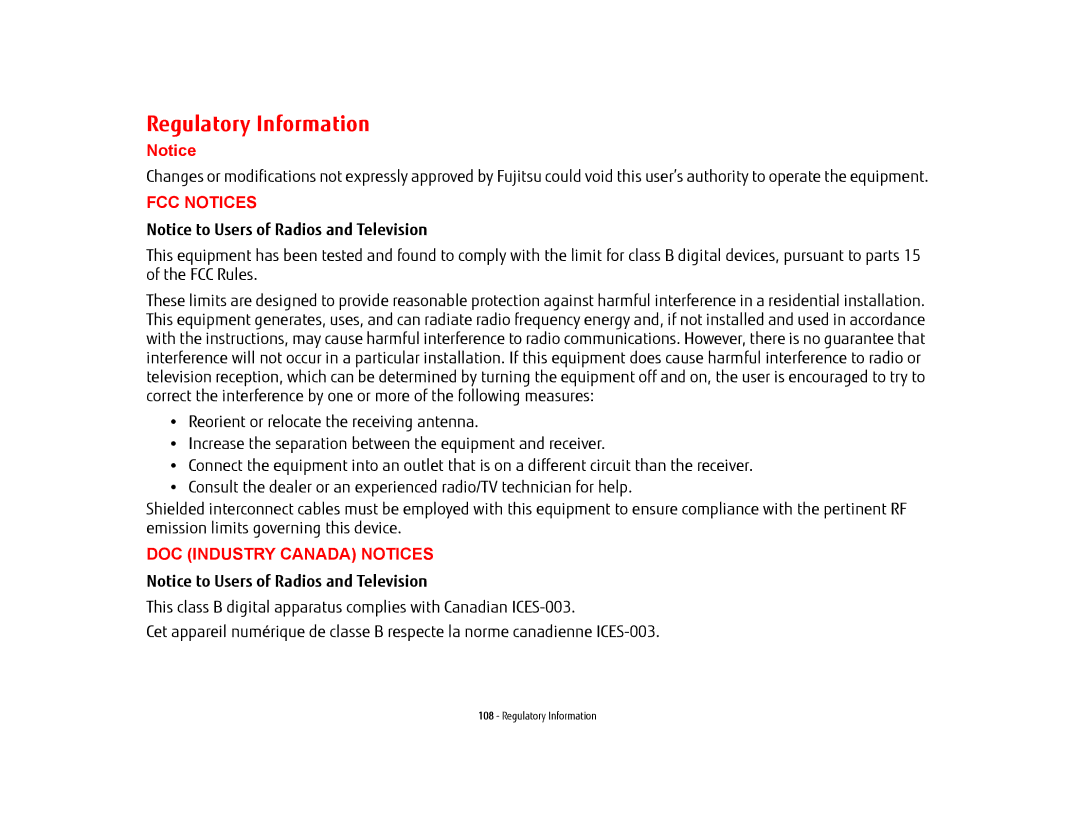 Fujitsu USDLH532 manual Regulatory Information, FCC Notices 