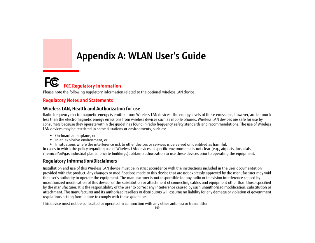 Fujitsu USDLH532 manual Appendix a Wlan User’s Guide, FCC Regulatory Information, Regulatory Notes and Statements 