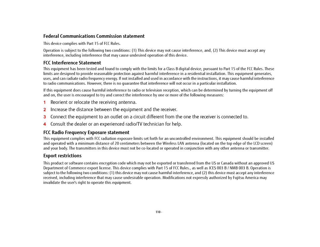 Fujitsu USDLH532 manual Federal Communications Commission statement, FCC Interference Statement, Export restrictions 