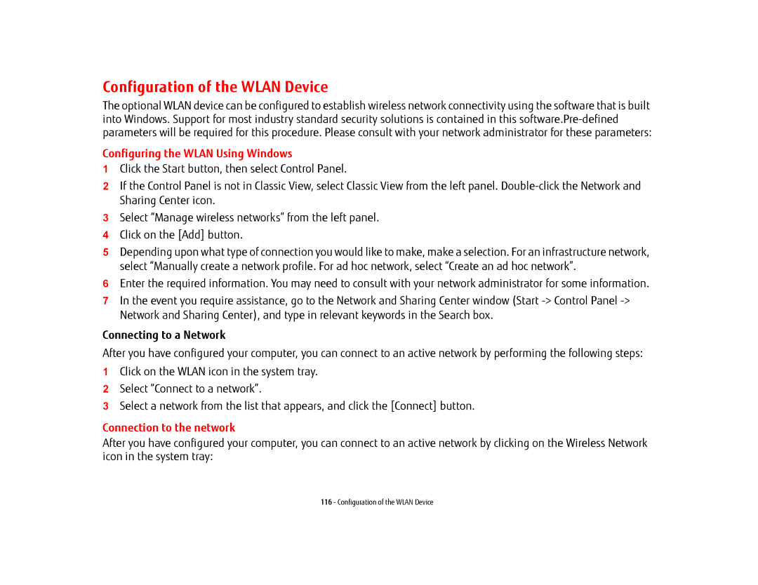 Fujitsu USDLH532 manual Configuration of the Wlan Device, Configuring the Wlan Using Windows, Connecting to a Network 