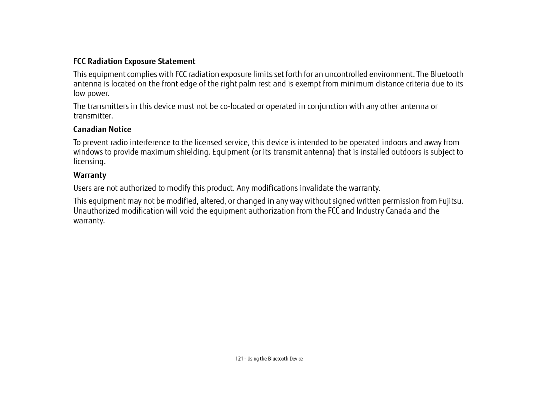 Fujitsu USDLH532 manual FCC Radiation Exposure Statement, Warranty 