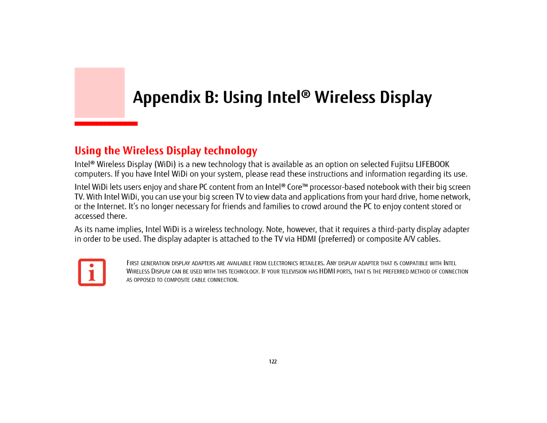 Fujitsu USDLH532 manual Appendix B Using Intel Wireless Display, Using the Wireless Display technology 