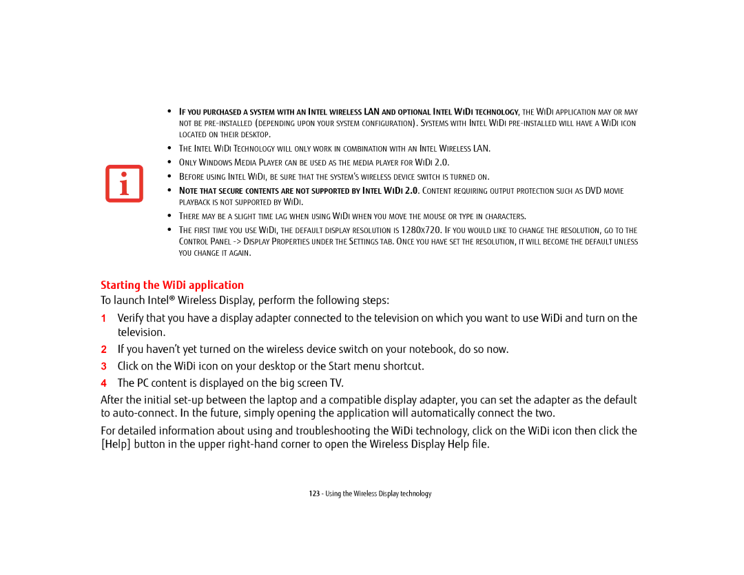 Fujitsu USDLH532 manual Starting the WiDi application 