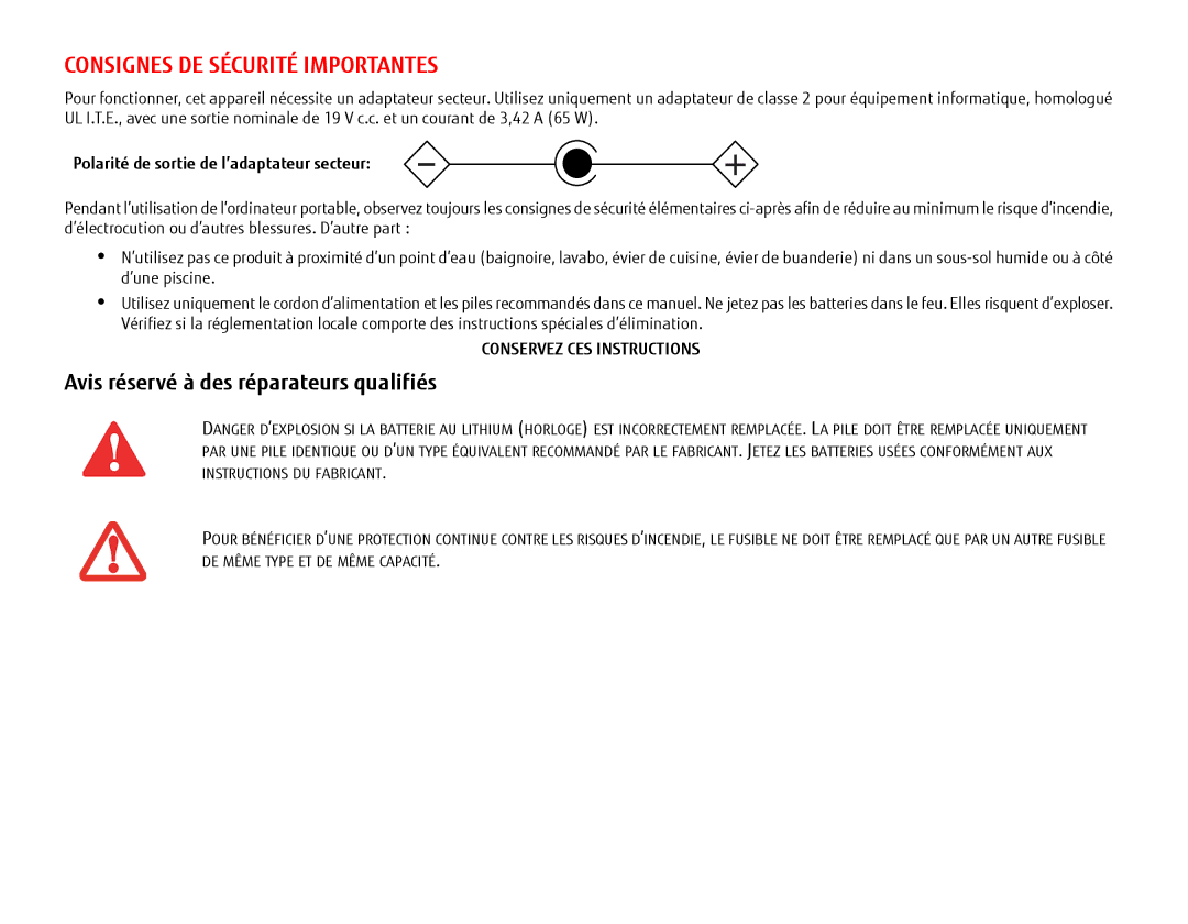 Fujitsu USDLH532 manual Consignes DE Sécurité Importantes, Avis réservé à des réparateurs qualifiés 