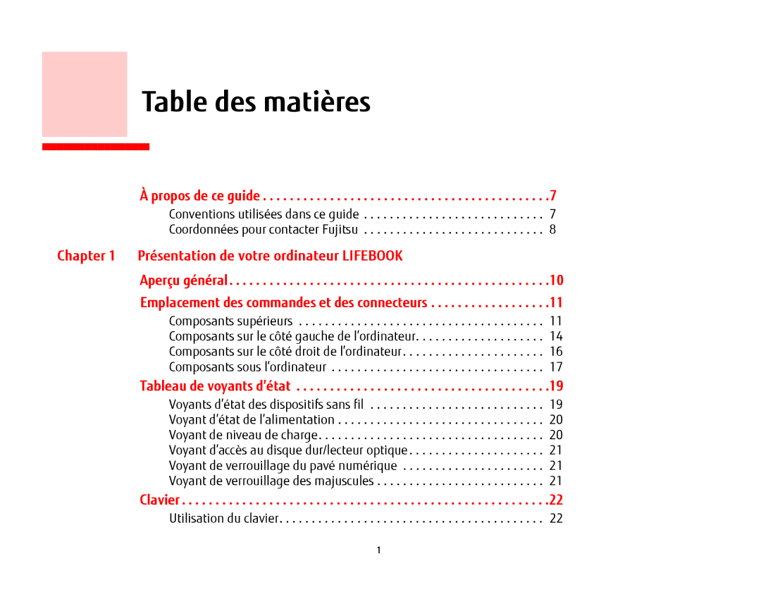 Fujitsu USDLH532 manual Table des matières, Propos de ce guide, Présentation de votre ordinateur Lifebook, Clavier 