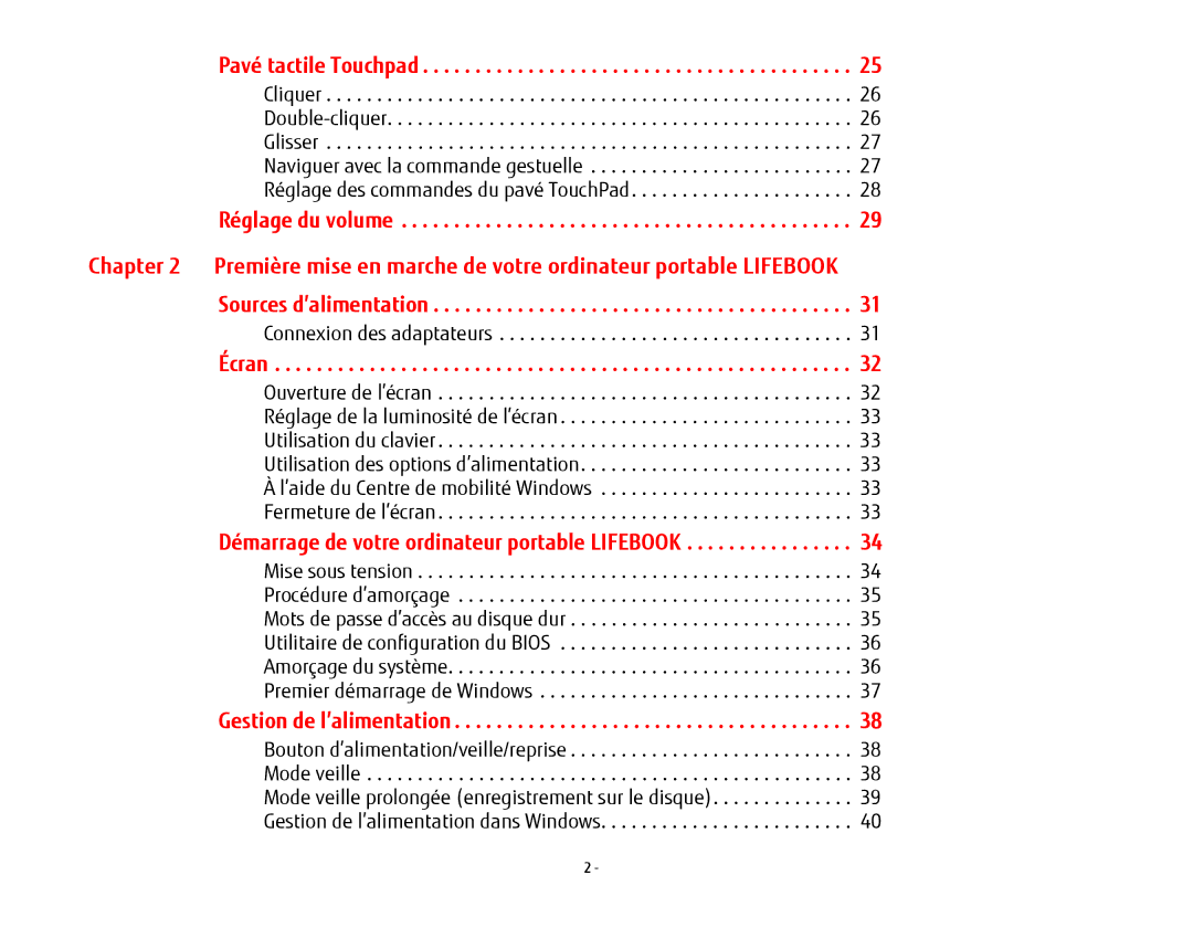 Fujitsu USDLH532 manual Pavé tactile Touchpad, Réglage du volume, Écran, Démarrage de votre ordinateur portable Lifebook 