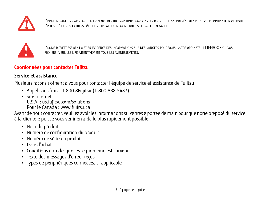 Fujitsu USDLH532 manual Coordonnées pour contacter Fujitsu, Service et assistance 