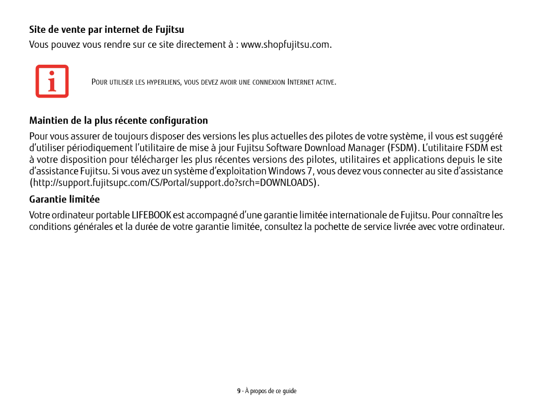 Fujitsu USDLH532 manual Site de vente par internet de Fujitsu, Maintien de la plus récente configuration, Garantie limitée 