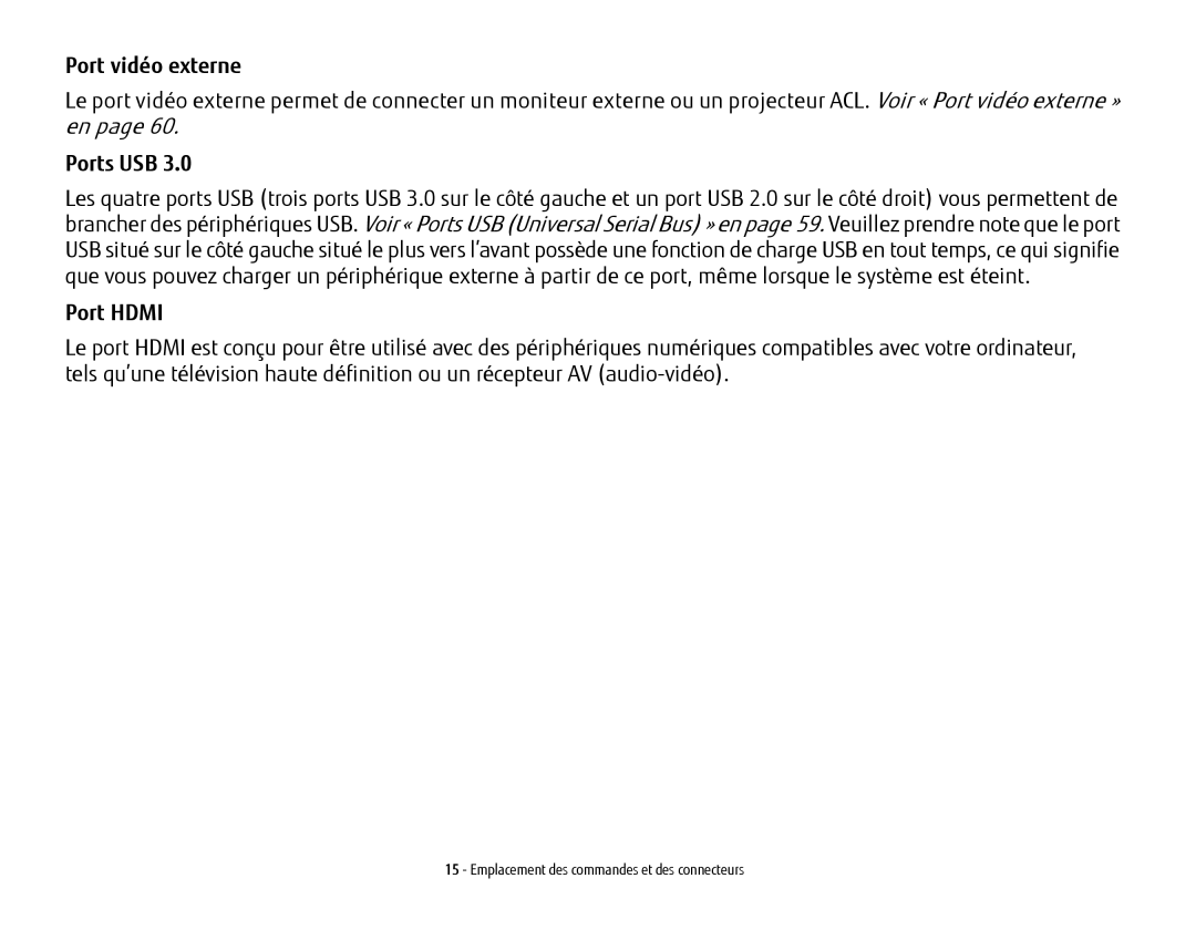 Fujitsu USDLH532 manual Port vidéo externe, Ports USB, Port Hdmi 
